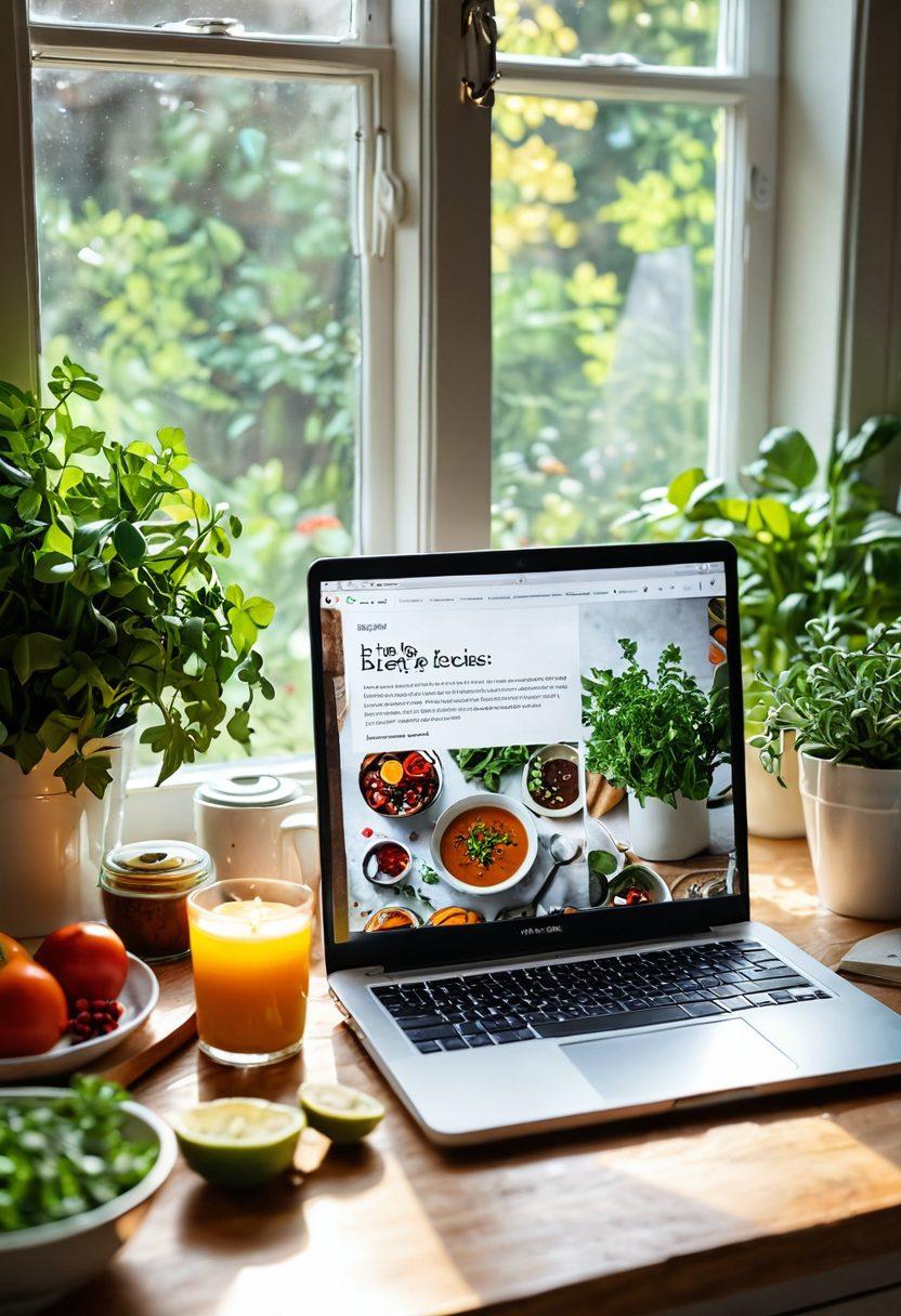 An open laptop displaying a vibrant blog post about recipes and personal insights, surrounded by fresh ingredients like herbs and spices, open cookbooks, and a steaming cup of coffee. A colorful, inviting kitchen setting with sunlight streaming in through a window, evoking warmth and inspiration for bloggers. super-realistic. bright colors. cozy atmosphere.