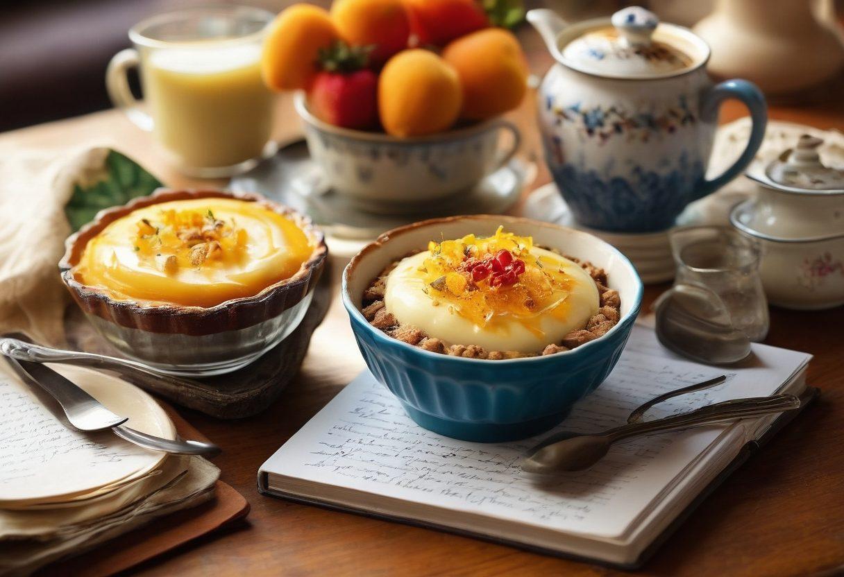 A beautifully arranged table featuring an array of mouth-watering puddings, each in unique, colorful dishes, alongside a vintage-style notebook with handwritten recipe notes and a steaming cup of tea. Soft, warm lighting creates an inviting atmosphere, while fresh ingredients like fruits and spices are scattered artistically around. Incorporate elements of personal blogging, such as a camera and a laptop in the background. super-realistic. vibrant colors. warm lighting.
