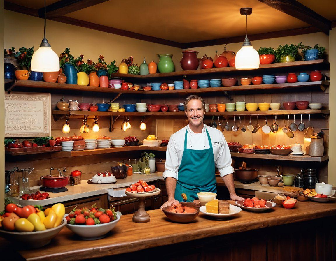 A warm and inviting kitchen filled with colorful pudding desserts artfully arranged on wooden shelves. In the background, a storyteller is animatedly sharing delicious tales with friends gathered around, while rich ingredients like vanilla beans and strawberries are scattered on the countertop. Warm lighting casts a cozy glow, enhancing the culinary atmosphere. whimsical, detailed, vibrant colors.